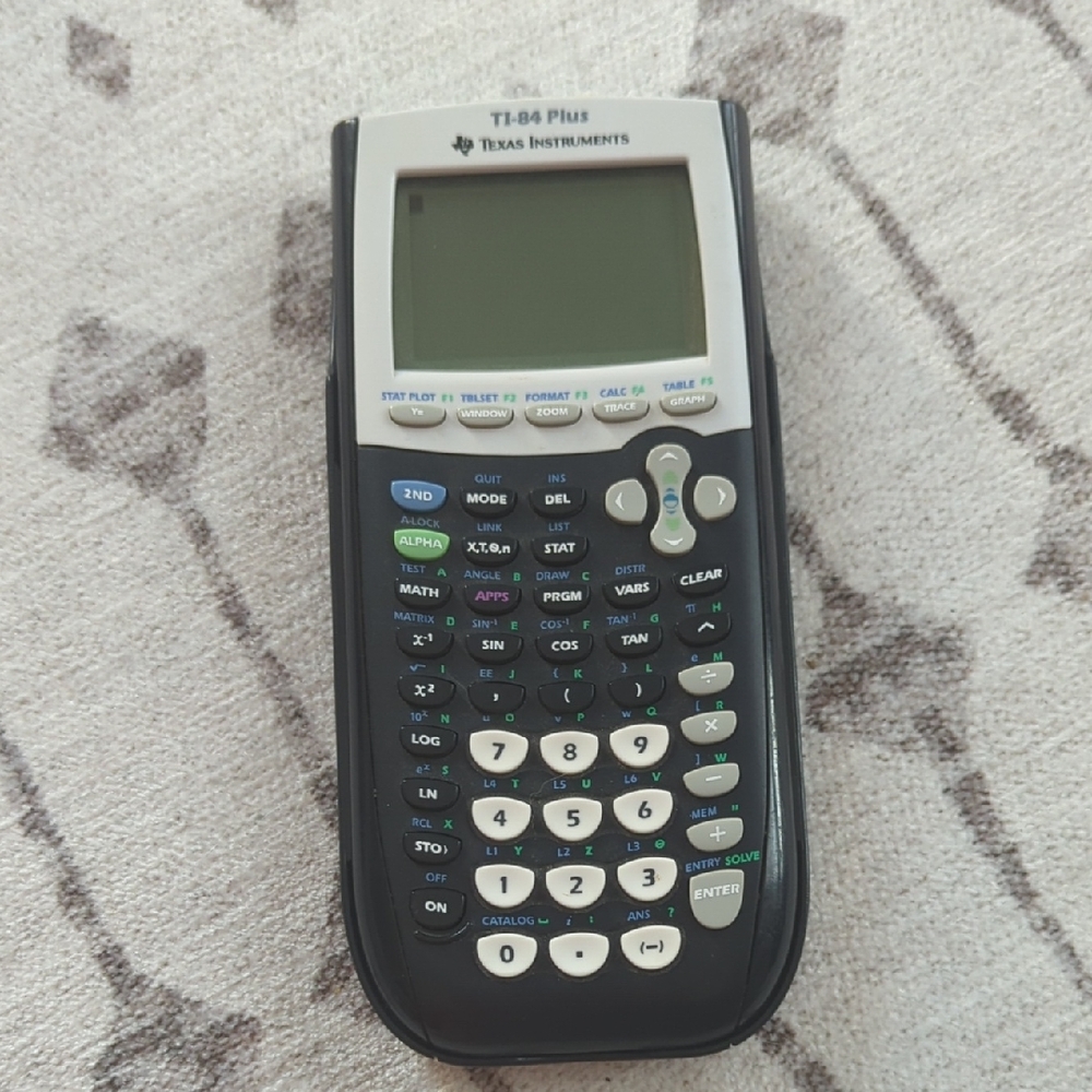 Texas Instruments TI-84 Plus Calculator in Blue and Gray.